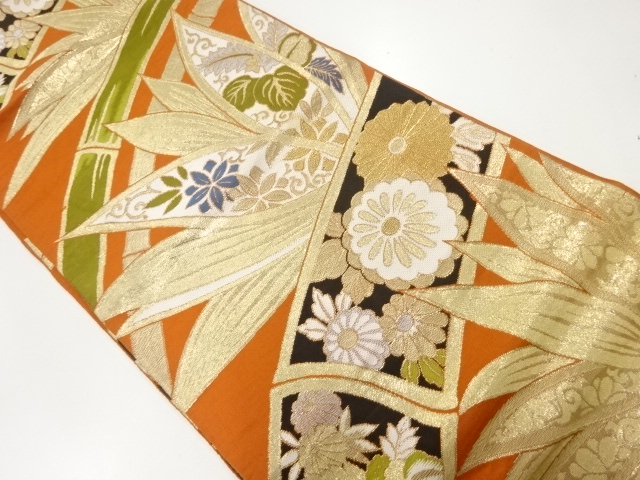 アンティーク　竹節に草花模様織出し袋帯